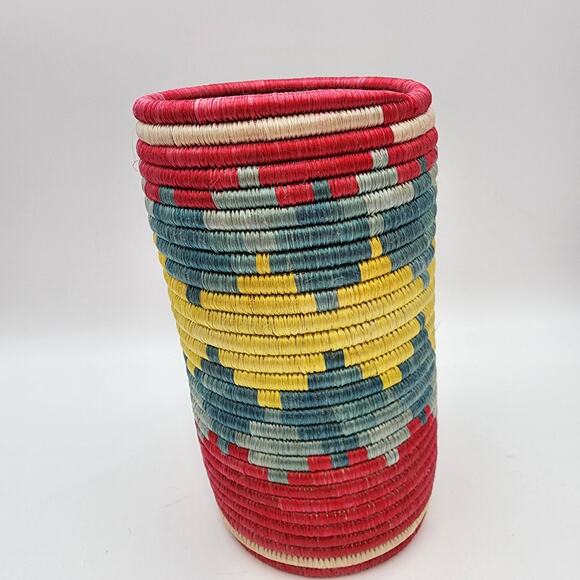 Anthropologie Rafia Woven Utensil Basket Vase African Aztec Tribal Cylinder Boho - Picture 1 of 7